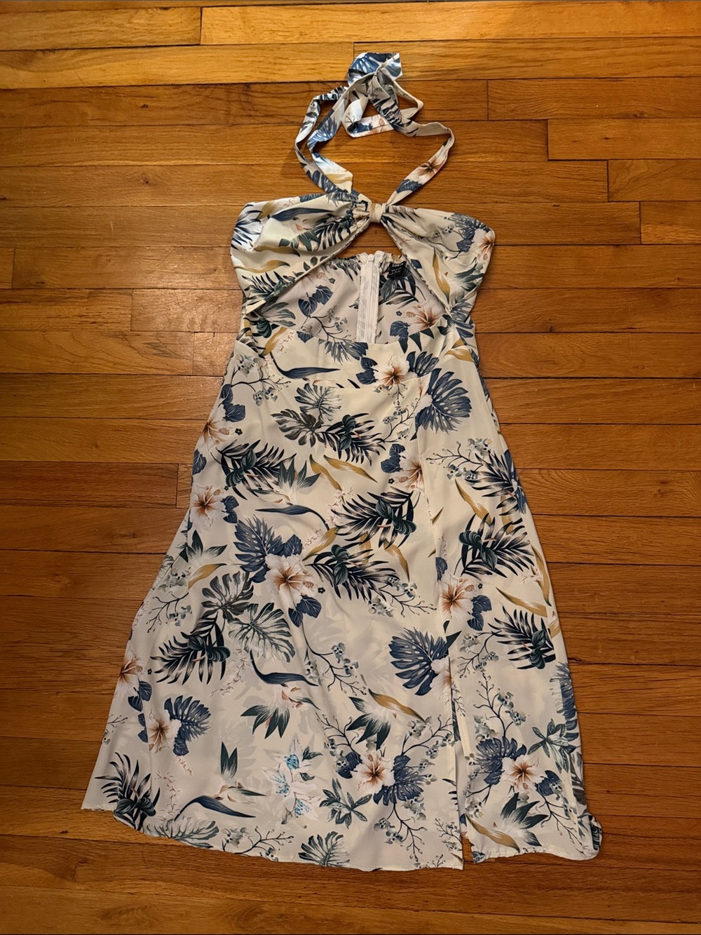 SHEIN White Halter Midi Dress with Blue & Green Tropical Print
